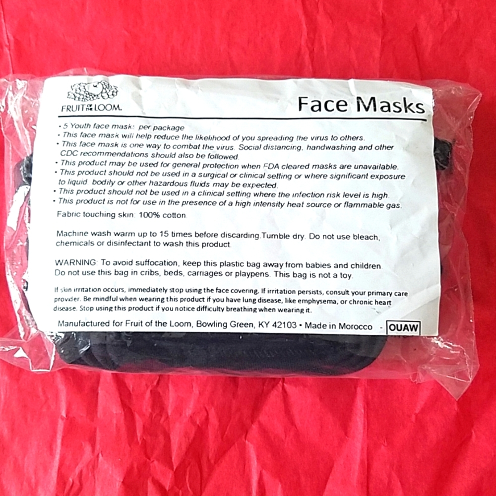 🆕️Fruit of the Loom Youth Face Masks  Pack of 5